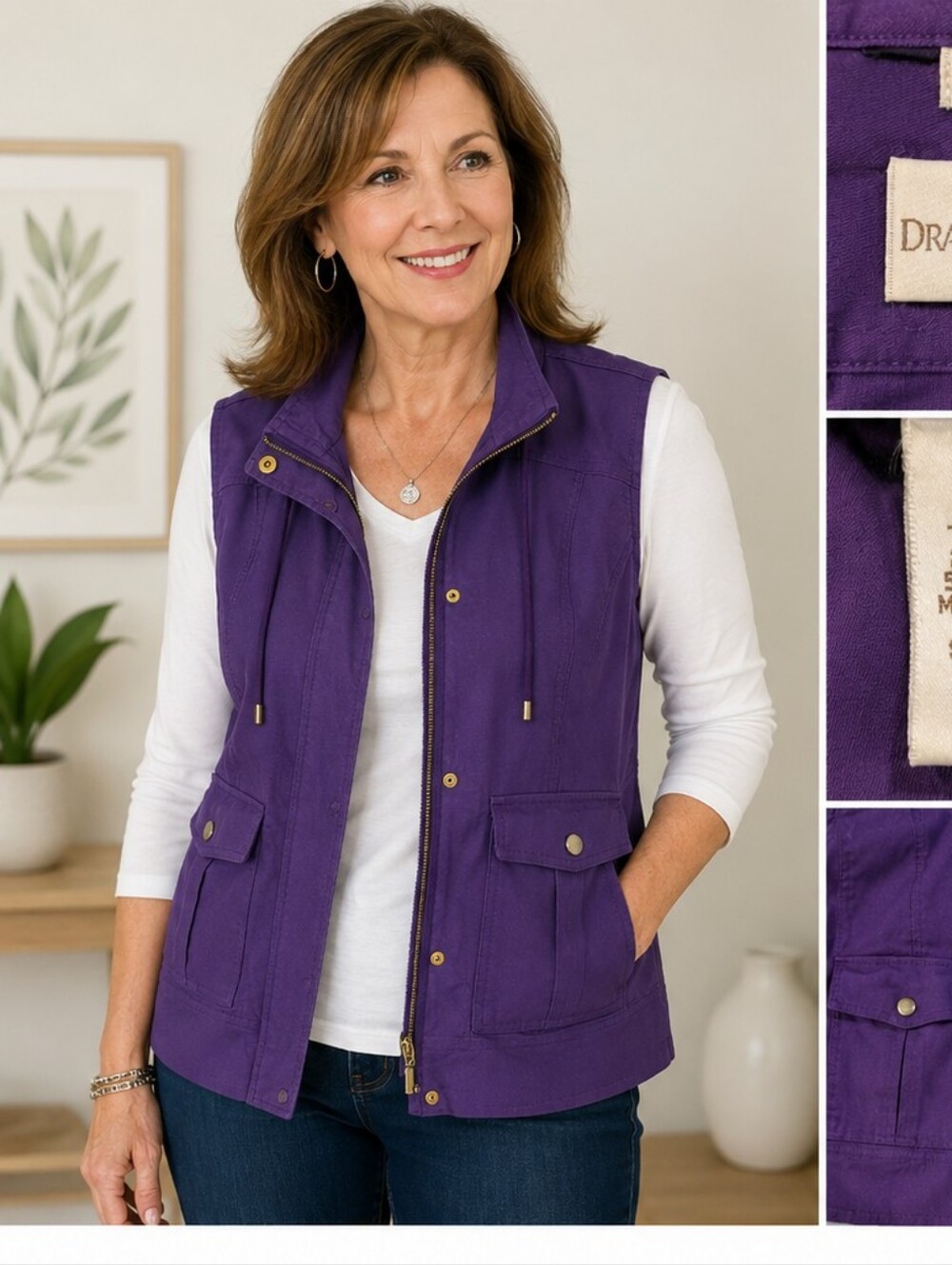 Draper’s & Damon’s Petite Medium Purple Utility Safari Vest Stretch Cargo Pocket